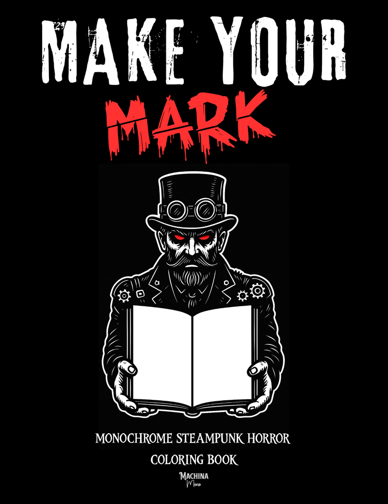 Make Your Mark colouring book cover — steampunk 1-bit art in black and white